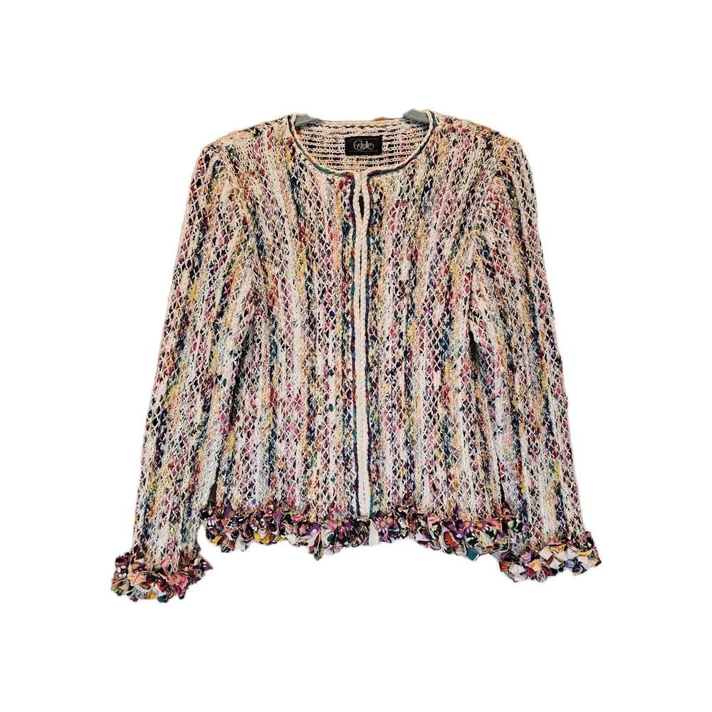 Estelle Gracer Vintage 1980s Hand Woven Knit Jacket Multi-color Hem Fringe "S"